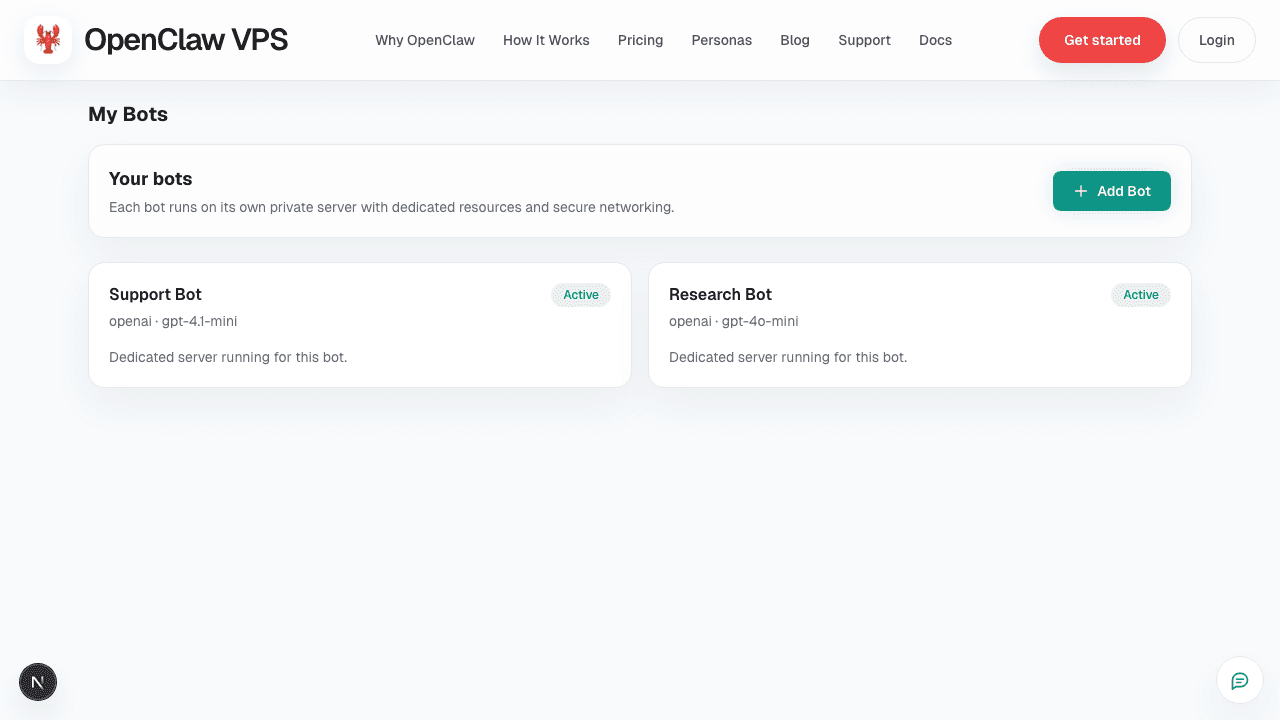 Dashboard showing two running bots with status indicators