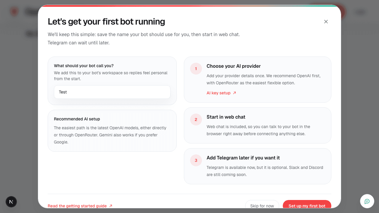 Onboarding wizard guiding new users through bot setup