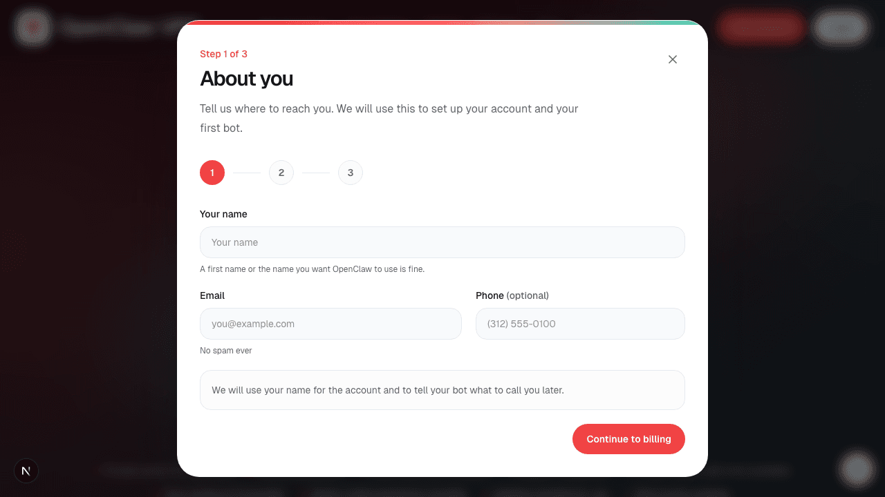 OpenClaw VPS signup wizard showing name, email, and billing fields