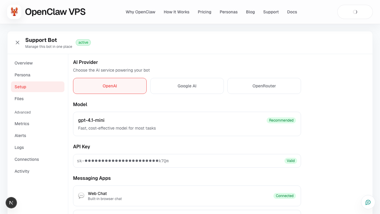 OpenClaw VPS bot configuration screen used before connecting Telegram